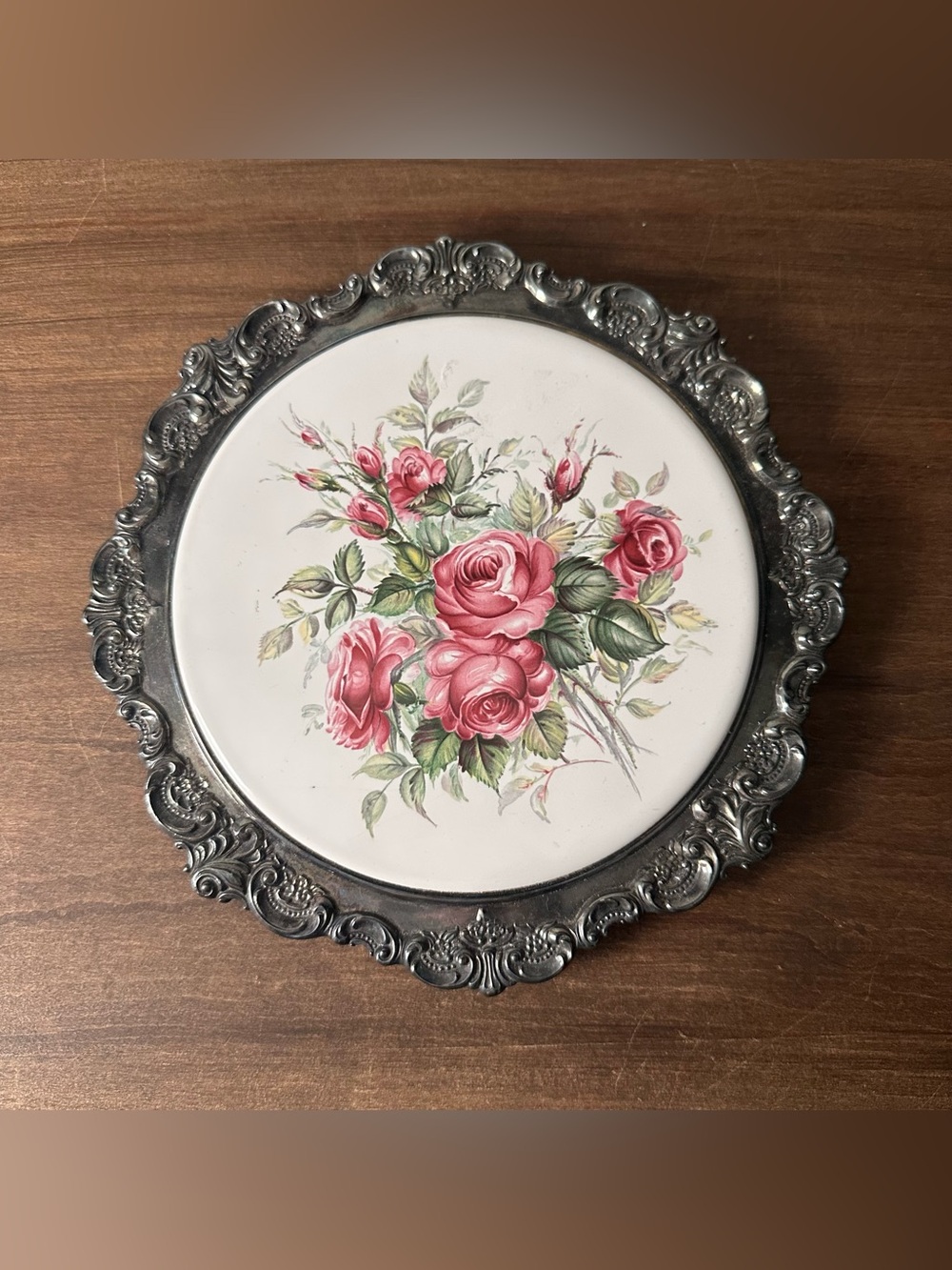 Wallace Baroque Silverplated Trivet Floral Design on Porcelain 8" Vintage